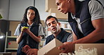 Label, delivery and people with boxes on computer for shipping, logistics and distribution info. Ecommerce, business and men and woman for supply chain, package receipt number and online inventory