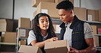 Stock, box and team in warehouse for logistics, discussion and check shipping label in office. Inventory, business and people with package for distribution, inspection and planning on ecommerce tech