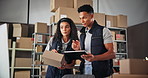 Tablet, box and team in warehouse for logistics, conversation and thumbs up for shipping in office. Technology, business and people with barcode scanner for stock, inventory or distribution online