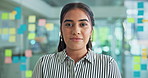 Serious, face and businesswoman in office with confidence for creative career growth at magazine agency. Pride, portrait and female copywriter from Brazil with article project in startup workplace.