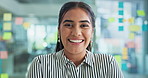 Smile, face and businesswoman in office with confidence for creative career growth at magazine agency. Pride, portrait and female copywriter from Brazil with article project in startup workplace.