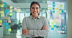 Crossed arms, smile and face of businesswoman in office with confidence for creative career at magazine agency. Pride, portrait and female copywriter from Brazil with article project in workplace.