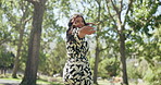 Face, smile and woman with invite outdoor for travel, summer vacation and freedom of getaway journey. Portrait, female person and running with energy, follow gesture and leading for adventure at park