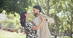 Smile, dance and love with couple in park for romance, loyalty and care. Summer date, honeymoon and relationship with man and woman bonding in nature for support, trust and happiness together