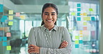 Crossed arms, happy and face of businesswoman in office with confidence for creative career at magazine agency. Pride, portrait and female copywriter from Brazil with article project in workplace.