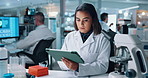 Research, science and tablet with woman in laboratory for development of cure, medicine or treatment. Biotechnology, innovation and investigation with scientist in clinical trial for breakthrough