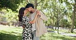 Care, dance and love with couple in park for bonding romance, loyalty and smile together. Summer date, honeymoon and relationship with man and woman hug in nature for support, trust and happiness