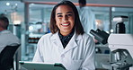 Face, science and tablet with woman in lab for development of cure, medicine or treatment. Biotechnology, innovation and research with smile of happy scientist in clinical trial for breakthrough