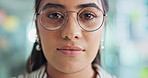 Face, serious and woman with glasses, office or ambitious for internship in business or employee. Administration, confident and person with opportunity for career growth, trainee or worker in company