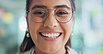 Face, excited and woman with glasses, office and internship in creative company, journalist and happy. Business, trainee and person with eyewear in newsroom, reporter or opportunity for career growth