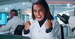 Scientist, woman and laptop with fist pump for chemistry, breakthrough or medical research funding. Biotech, laboratory and smile with celebration for pharmaceutical approval or pathology experiment