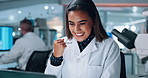 Scientist, woman and laptop with celebration for chemistry, breakthrough or medical research funding. Biotech, laboratory and smile with good news for pharmaceutical approval or pathology experiment
