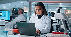 Laptop, research and science with woman in laboratory for development of cure, medicine or treatment. Biotechnology, computer and innovation with scientist in clinical trial for breakthrough