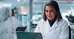 Development, laptop and science with woman in laboratory for investigation of cure, medicine or treatment. Biotechnology, innovation and research with scientist in clinical trial for breakthrough