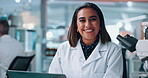 Face, happy and science with woman in laboratory for development of cure, medicine or treatment. Biotechnology, innovation and laptop with scientist in clinical trial at desk for breakthrough