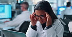Stress, scientist and woman with headache, lab and anxiety for pressure of deadline, burnout or pain. Healthcare, medical professional and person with migraine in clinic, overworked and frustrated