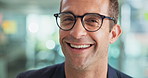 Laughing, glasses and face of businessman in office with confidence for startup creative agency. Happy, closeup and portrait of male magazine editor from New York with pride for career in workplace.