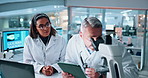 Scientist, people and laptop with tablet for microscope, chemistry testing and medical research. Biotech, laboratory and mentor with study assistant for pharmaceutical sample or pathology experiment