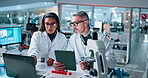 Scientist, people and laptop with tablet notes for chemistry, testing and medical research. Biotech, laboratory and mentor with study assistant for pharmaceutical sample or pathology experiment