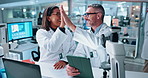Scientist, people and high five with tablet for microscope, chemistry and medical research. Biotech, laboratory and mentor with assistant celebration for pharmaceutical pathology experiment discovery