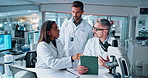 People, scientist and talking on tablet in lab for research, experiment results and medical report. Staff, discussion and digital for healthcare feedback, investigation study and checklist of vaccine