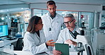 People, scientist and explain on tablet in lab for research, experiment results and medical report. Staff, discussion and digital for healthcare feedback, investigation study and checklist of vaccine