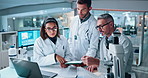 People, scientist and laptop with tablet in lab of research, experiment results and medical report. Staff, talk and digital notes for healthcare feedback, investigation study and checklist of vaccine