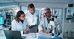 People, scientist and talk with sample for research, experiment results and medical report. Staff, discussion and tablet with healthcare feedback in lab, investigation study and checklist for vaccine