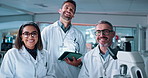 Face, people and scientist with tablet in lab for research, experiment results and medical report. Staff, about us and digital with healthcare feedback, investigation study and checklist for vaccine