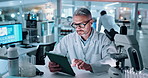 Research, science and tablet with man in laboratory for development of cure, medicine or treatment. Biotechnology, innovation and microscope with mature scientist in clinical trial for breakthrough