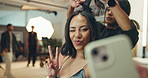 Influencer, selfie and model in studio for photoshoot, interview or fashion production. Behind the scenes, online post and makeup artist in media agency for stylist, cosmetology and creative industry
