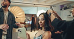 Influencer, selfie and production in studio for photoshoot, interview or fashion model. Behind the scenes, online post and hair stylist in media agency for woman, cosmetology and creative industry