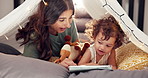Tent, child and mother with tablet in home for educational app, streaming service or playing online games. Fairy lights, woman or bonding with baby in blanket fort for connection, development or love