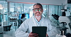 Face, man and scientist with tablet in lab for vaccine research, experiment results and treatment. Portrait, mature person and digital for biotechnology, review feedback and healthcare report of cure