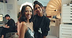Face, photography and smile of makeup artist with model behind the scenes for photoshoot production. Fashion, magazine and media with happy women getting ready for catalog pictures in studio