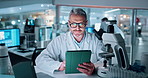 Smile, man and scientist with tablet in lab for vaccine research, experiment results and treatment. Mature person, digital and study with biotechnology, review feedback and healthcare report for cure