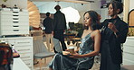 Influencer, busy and production in studio for interview, photoshoot or fashion choice. Behind the scenes, celebrity and coffee in media agency for model schedule, cosmetology or creative industry