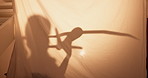 Tent, home and girl with airplane, toy and playing with fantasy, daydreaming and happiness. Apartment, kid and childhood in living room, mockup space and cheerful with shadow, relaxing and calm