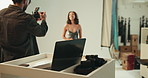 Photography, camera and woman with man in studio for fashion model, creative director and editing process. Laptop photoshoot and catalog  for media project with people on set for behind the scenes