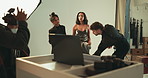 Woman, people and fashion photoshoot in studio, backstage prep, production process or photographer. Stylist, model and photography bts with catalog for casting, beauty magazine and creative industry