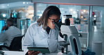 Woman, microscope and scientist with tablet in lab for research, experiment results and virus treatment. Person, digital and biotechnology, bacteria growth and healthcare report for sample of vaccine