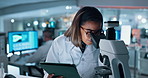 Microscope, science and tablet with woman in laboratory for development of cure, medicine or treatment. Biotechnology, innovation and research with scientist in clinical trial for breakthrough