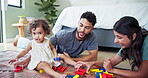 Parents, baby and playing with building blocks on floor for creative activity, child development and airplane game. Love, people and bonding with toddler in home for motor skills, learning or support