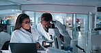 People, scientist and check microscope in lab for research, studying bacteria and medical experiment. Staff, biotechnology and tablet for testing sample, virus growth and pharmaceutical breakthrough