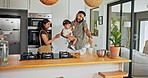Remote work, phone call and baby with parents, father and mother in kitchen, communication and network. Family, mama and dad with smartphone, multitasking and connection with discussion and house