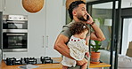 Remote work from home, phone call and dad with baby, multitasking and technology. Family, parent and father with kid, child or cellphone with discussion, workflow crisis or talking with communication