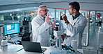 Science, team and discussion with people and microscope for healthcare, breakthrough and biotechnology. Genetic marker test, dna innovation with doctors in laboratory for medical results and research