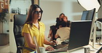 Woman, media or photo editor on computer in studio for checking image design or creative magazine. Backstage, picture or person on technology for production retouching digital photoshoot or agency