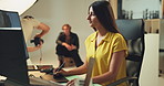 Woman, computer and editing photography in studio for checking image design and creative magazine. Backstage, picture or person on technology for production, media and digital photoshoot in agency