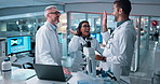 Happy people, scientist and night with high five for discovery, scientific breakthrough or teamwork at lab. Group, employees or forensic workers with smile, tablet or microscope for science research